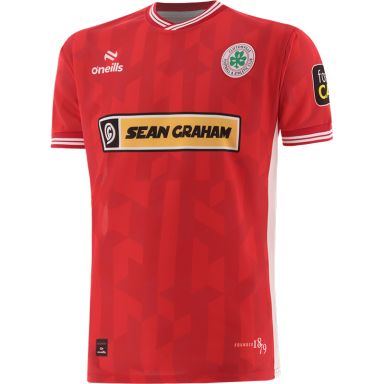 Red and White Cliftonville FC Home Mini Kit 2024 with v-neck collar and Sean Graham sponsor logo by O’Neills. 