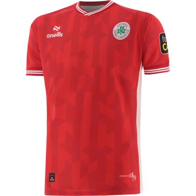 Red and White Kids' Cliftonville FC Home Jersey 2024 with ribbed collar and Sean Graham sponsor logo by O’Neills. 