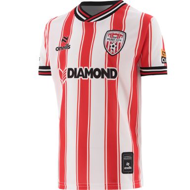 Red and White Derry City FC Kids' Home Jersey 2024 with ribbed collar and cuffs by O’Neills.