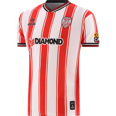 Red and White Derry City FC Home Elite Jersey 2024 with ribbed collar and cuffs by O’Neills.