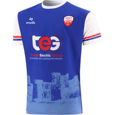 Royal Blue Mens' Treaty United FC Home Jersey 2024 with King John’s Castle image by O’Neills. 