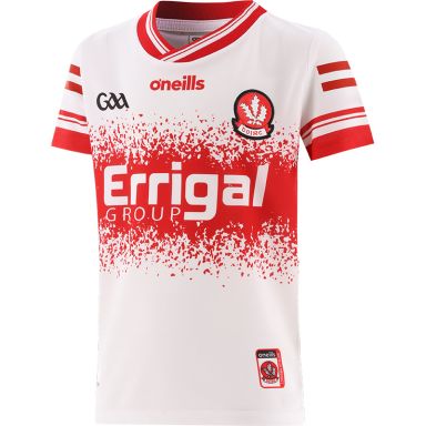 White Derry GAA Alternative Jersey 2024 with Errigal Group sponsor logo on the chest by O’Neills.