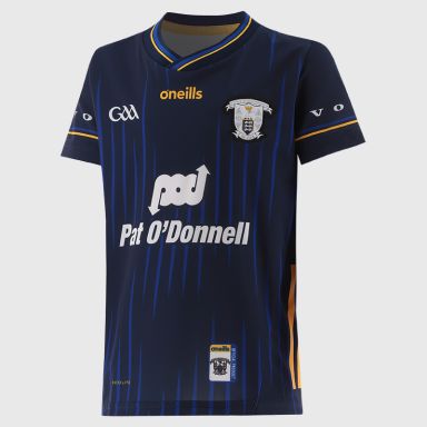 Navy Clare GAA Kids' Goalkeeper Jersey 2025 with ribbed crewneck by O’Neills.