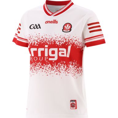 White Derry GAA Alternative Jersey 2024 with Errigal Group sponsor logo on the chest by O’Neills.