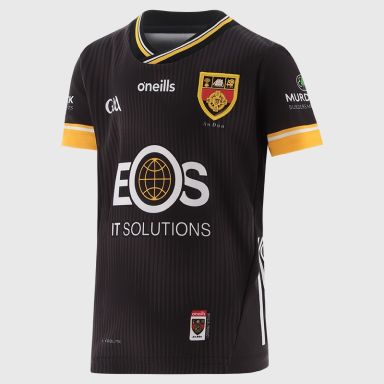 O’Neills Black Down GAA Kids' Goalkeeper Jersey 2025 with ribbed crewneck by O’Neills.