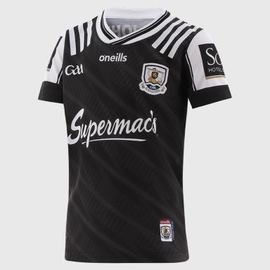 O’Neills Black Galway GAA Kids' Goalkeeper Jersey 2025 with ribbed crewneck by O’Neills.