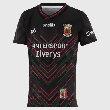 O’Neills Black Mayo GAA Kids' Alternative Goalkeeper Jersey 2025 with ribbed crewneck by O’Neills.