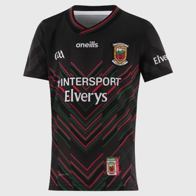 O’Neills Black Mayo GAA Men's Alternative Goalkeeper Jersey 2025 with ribbed crewneck by O’Neills.
