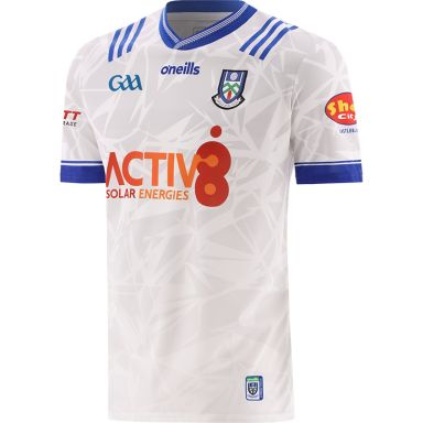White Monaghan GAA Home Jersey 2024 with Blue knitted collar by O’Neills.