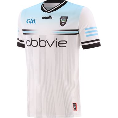 White and Turquoise Sligo GAA Alternative Jersey Player Fit 2024 with a black ribbed crew neck by O’Neills.