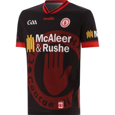 Black Tyrone GAA Goalkeeper Jersey 2024 with watermark image of Tyrone GAA crest on the front by O’Neills.