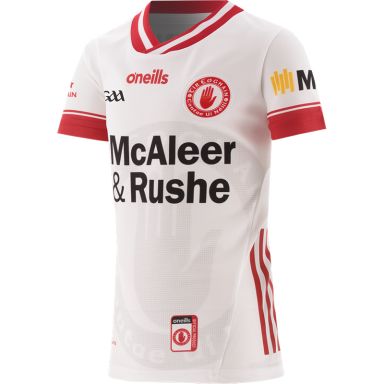 White / Red Kids' Tyrone Home Jersey 2024 with watermark image of Tyrone GAA crest on the front by O’Neills.