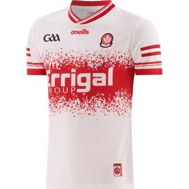 White Derry GAA Alternative Jersey 2024 with Errigal Group sponsor logo on the chest by O’Neills.