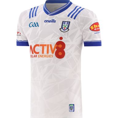 White Monaghan GAA Home Jersey 2024 with a Blue knitted collar by O’Neills.
