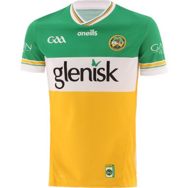 Amber Offaly GAA Home Jersey 2024 Player Fit with White knitted collar by O’Neills.