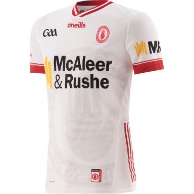 White/Red Tyrone GAA Home Player Fit Jersey 2024, with watermark print of the crest by O'Neills.