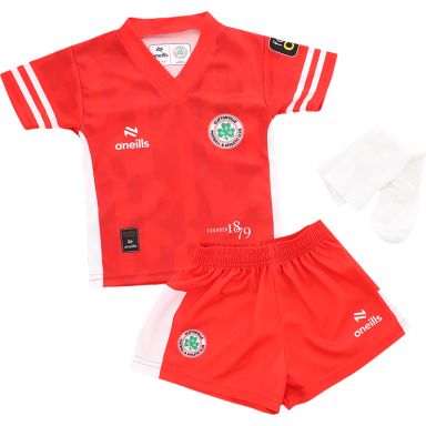 Red and White Cliftonville FC Home Mini Kit 2024 with v-neck collar.