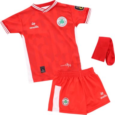 Red and White Cliftonville FC Home Mini Kit 2024 with v-neck collar