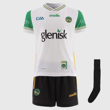 White Offaly GAA Kids' Alternative Mini Kit with jersey, shorts and sock by O'Neills.