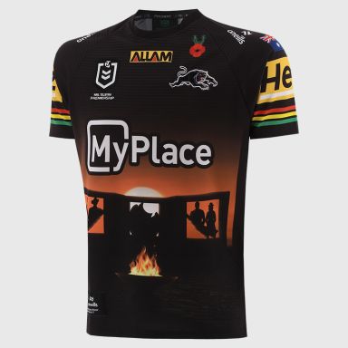 Black O'Neills Penrith Panthers ANZAC Round Jersey 2025 featuring a tribute to Penrith City Memory Park.