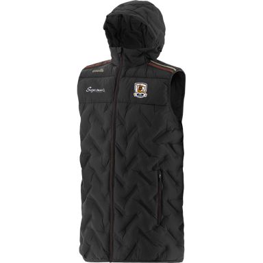 Black Kids' Dublin GAA Weston Hooded Padded Gilet with hood and two zip pockets by O’Neills.