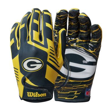 Black and Yellow Wilson NFL Green Bay Packers gloves with stretch materials from O'Neills.