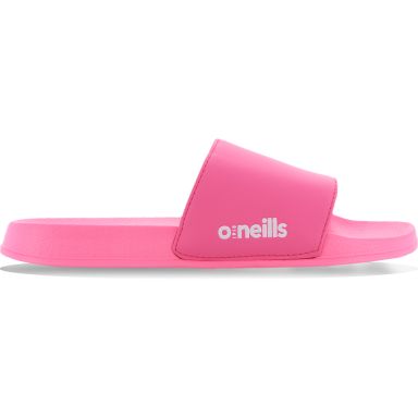 Pink pool sliders with white embossed logo by O’Neills.