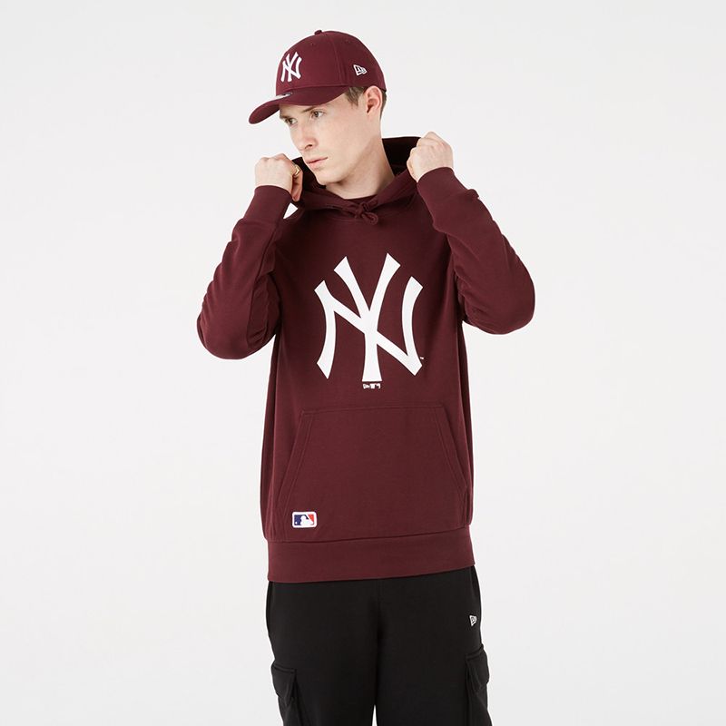 Maroon men's New Era overhead hoodie with white New York Yankees logo on the front from O'Neills.