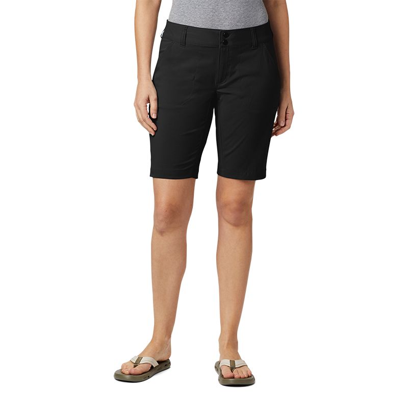 Black Columbia women's mid rise long shorts made from a comfort stretch fabric, featuring zip close security pocket and Columbia Omni-Shield™ water and stain barrier from O'Neills.