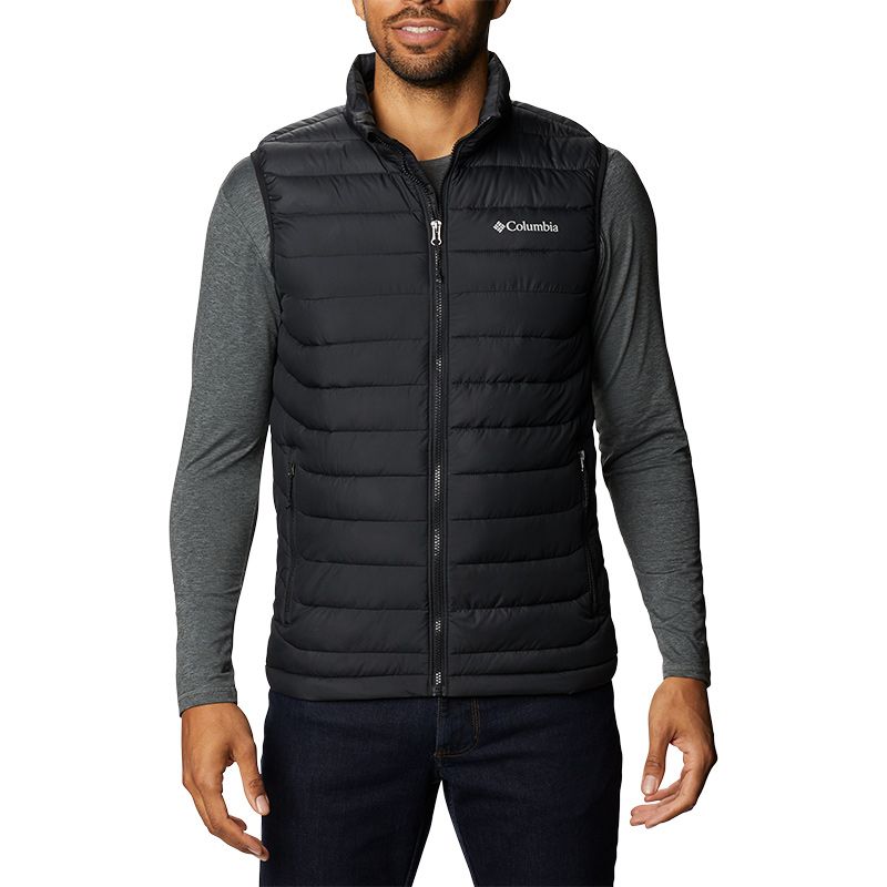 Black men's Columbia Powder Lite vest with grey logo on the left chest and zipped pockets from O'Neills.