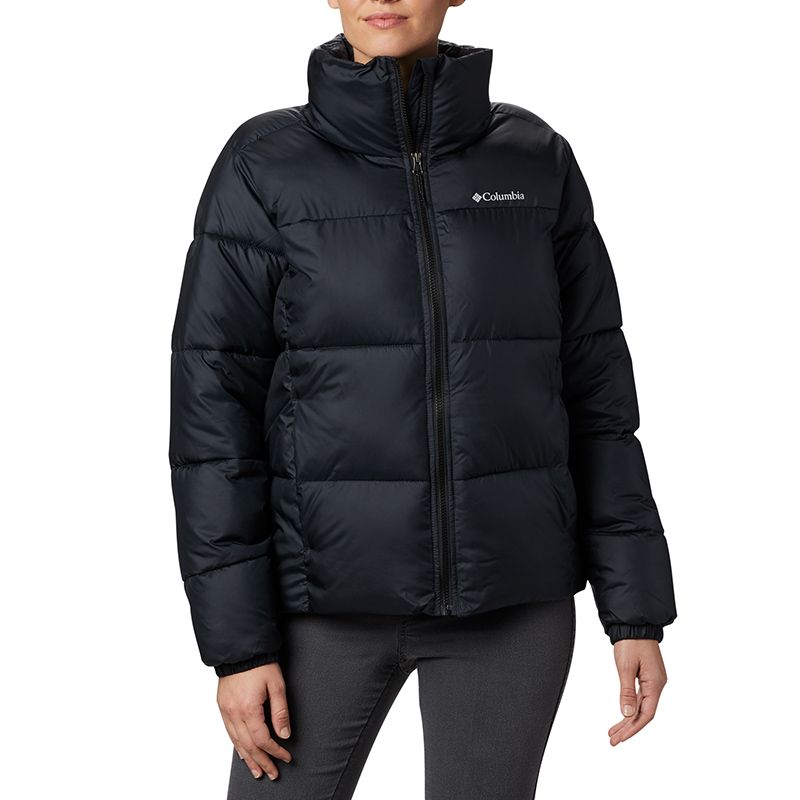 Black women's Columbia puffer jacket with zipped pockets and logo on left chest from O'Neills.