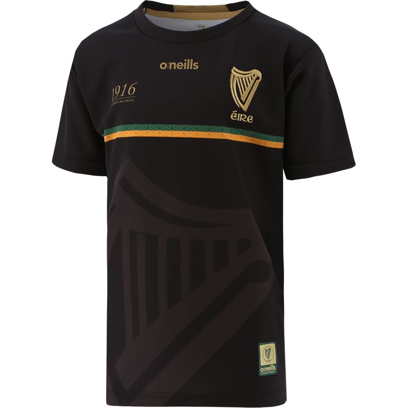 Kids Black 1916 Commemoration Jersey with watermarked harp design and historic Poblacht na hÉireann on back by O'Neills.