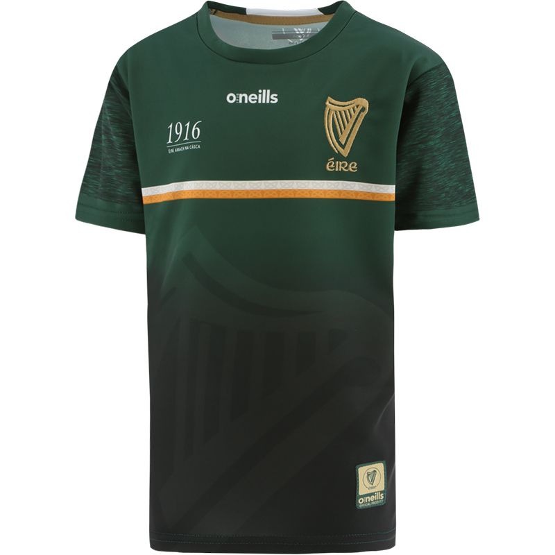 Kids Green 1916 Commemoration Jersey with watermarked harp design and historic Poblacht na hÉireann on back by O'Neills.