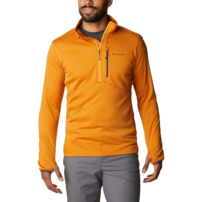 Orange men's Columbia Park View half zip fleece with zip pocket and thumbholes by O'Neills.
