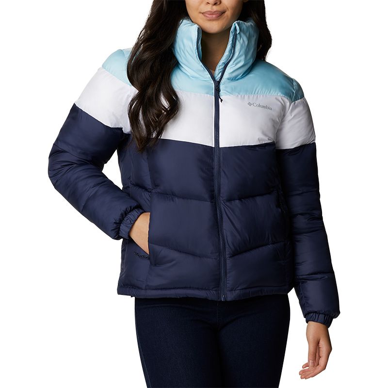 Navy, blue and white women's Columbia Puffect jacket with zip pockets and grey logo on left chest from O'Neills.