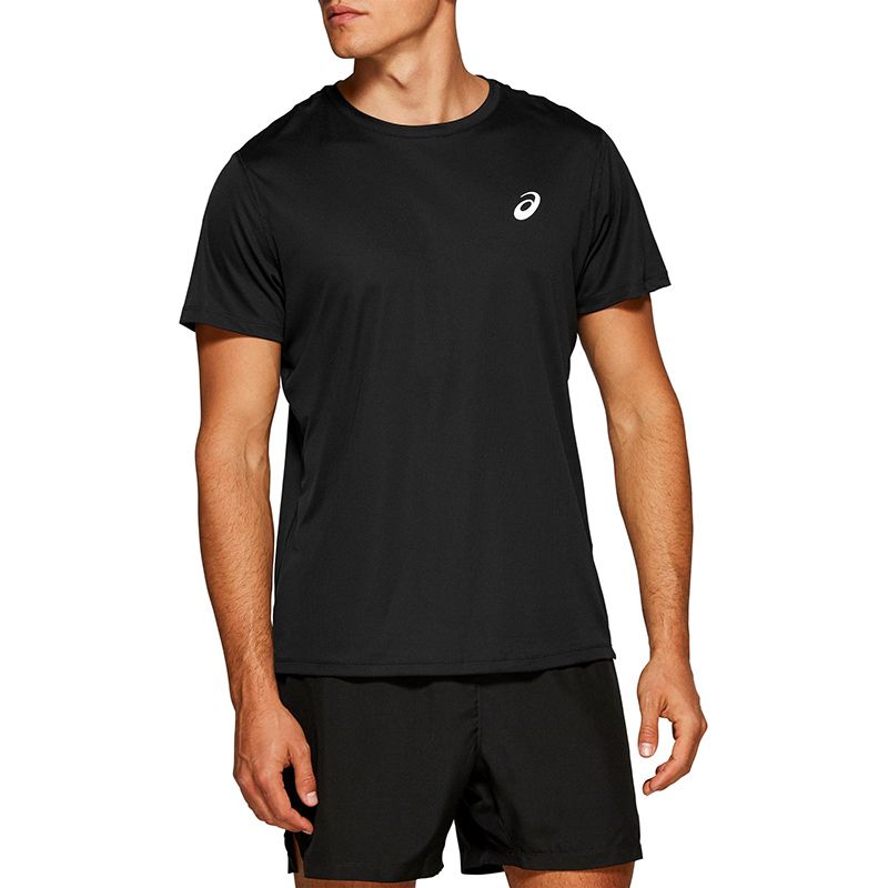 Black ASICS men's short sleeve running t-shirt with logo from O'Neills.