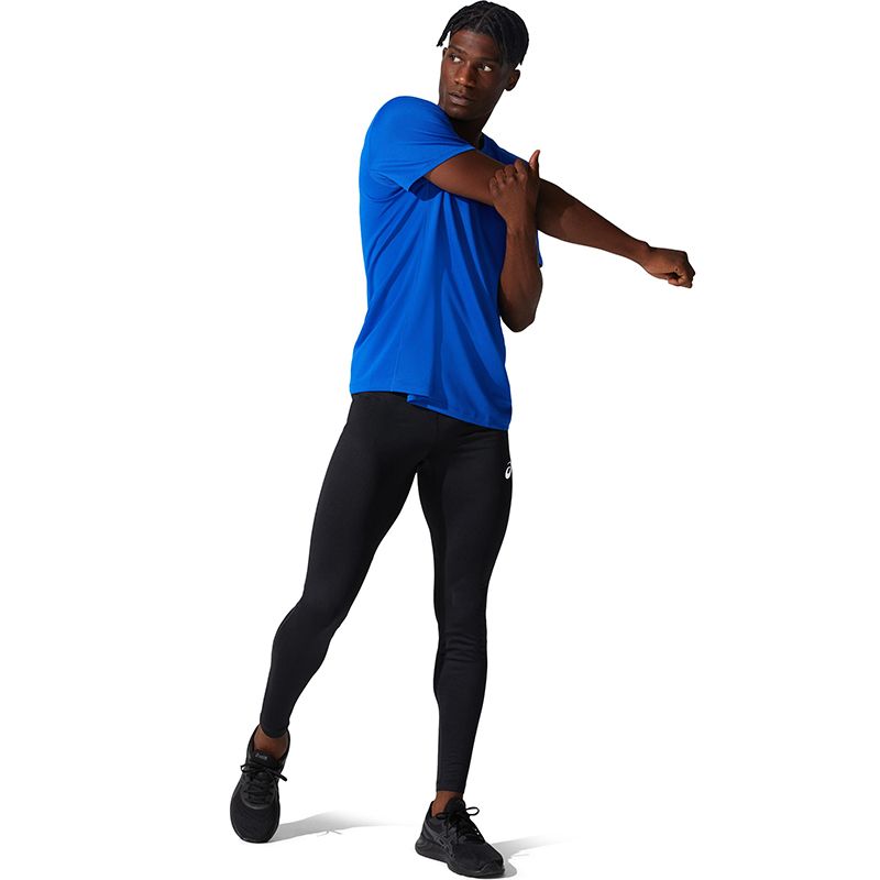 Black ASICS mens running tights with a reflective ASICS spiral logo and hidden inner pocket from O'Neills.