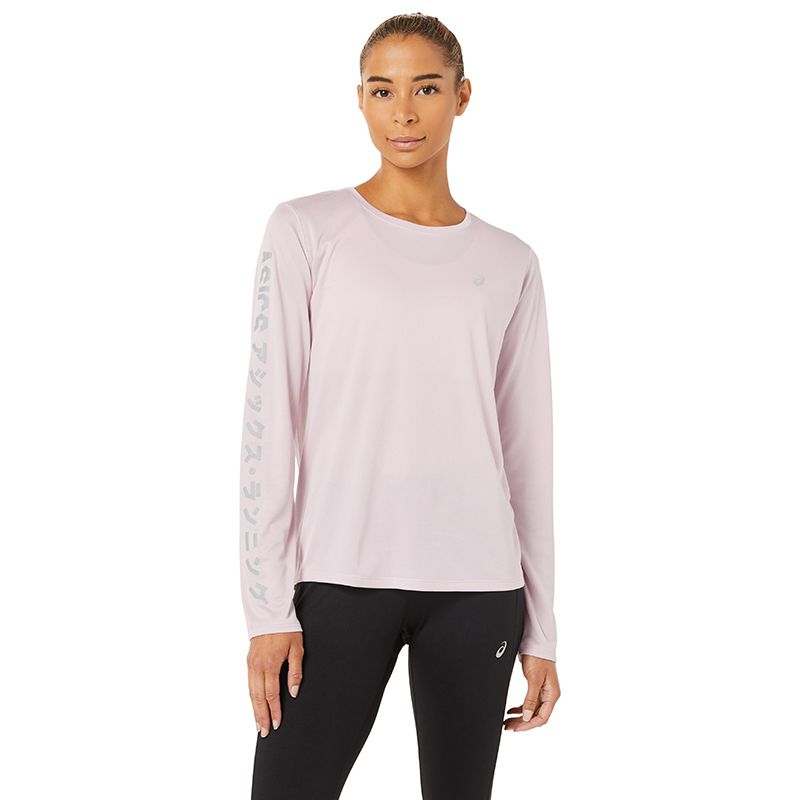Pink ASICS women's running long sleeve top with reflective writing on right arm from O'Neills.