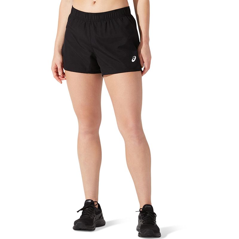 Black ASICS women's running shorts with elasticated waistband from O'Neills.