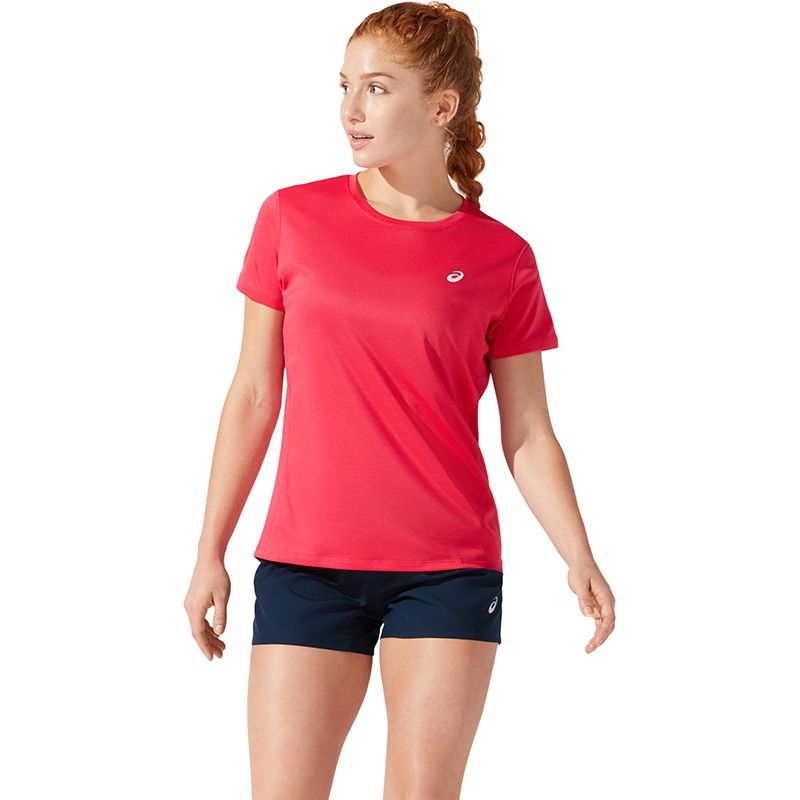 Pink ASICS women's short sleeve running t-shirt with silver logo from O'Neills.