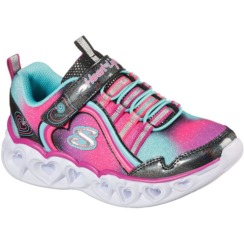 black and pink multi kids' Skechers runners with light up features from O'Neills