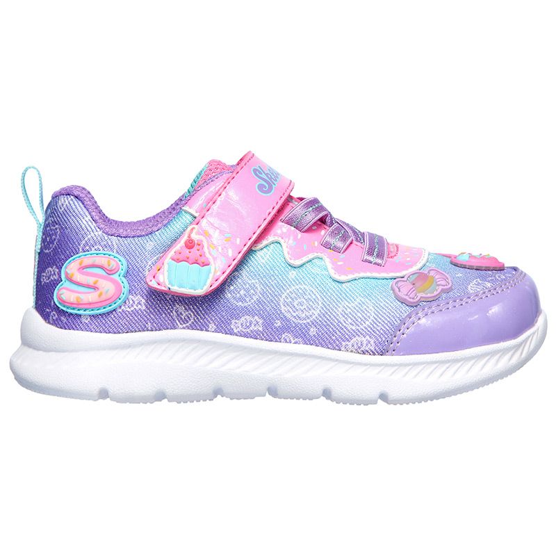 pink and purple Skechers kids' runners with a soft satiny watercolour ombre finish from O'Neills