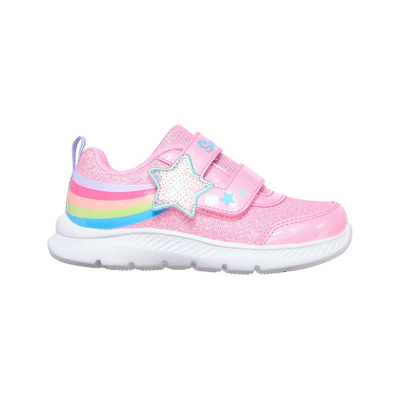Pink Skechers Infant Comfy Flex Starry Skies trainers featuring a sequin embellishment with a glitter finish from O'Neills
