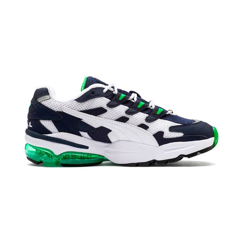 white, navy and green Puma men's laced runners with a breathable mesh upper and padded tongue and collar from O'Neills