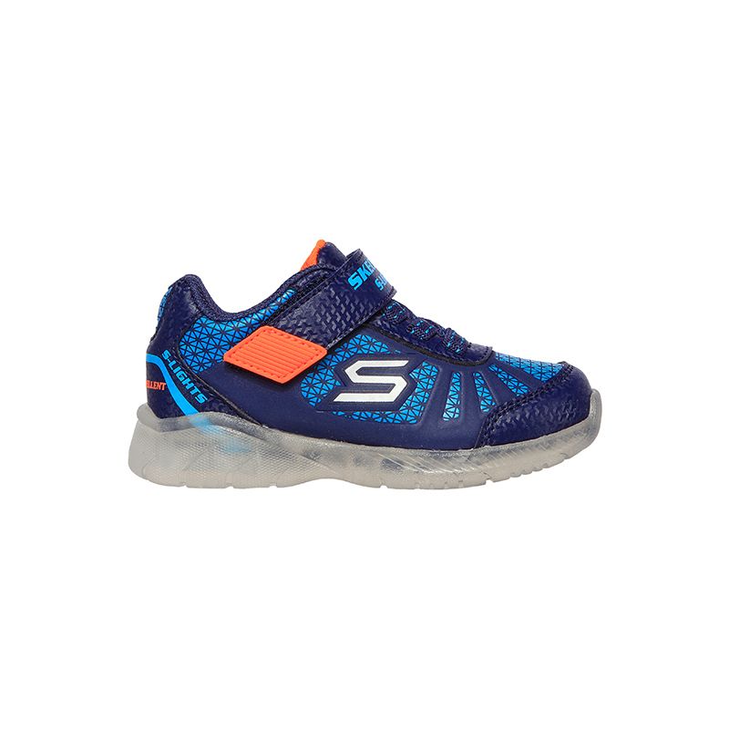 navy, blue and orange Skechers kids' runners with a hoop and loop closure and a water repellent finish from O'Neills