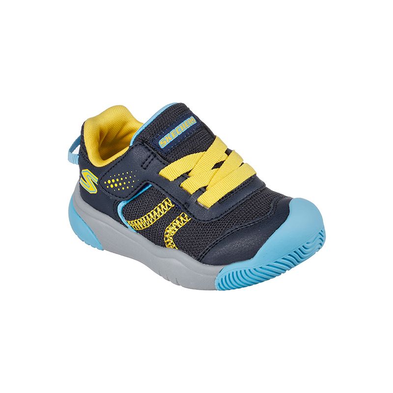 Kids' Skechers Slip on Lace Up Trainers With S logo navy yellow and blue from O'Neills.