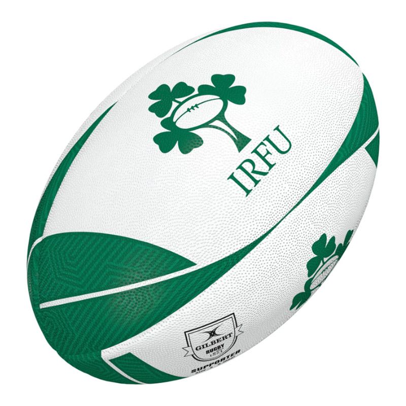 White and Green Gilbert rugby ball featuring IRFU branding from O'Neills