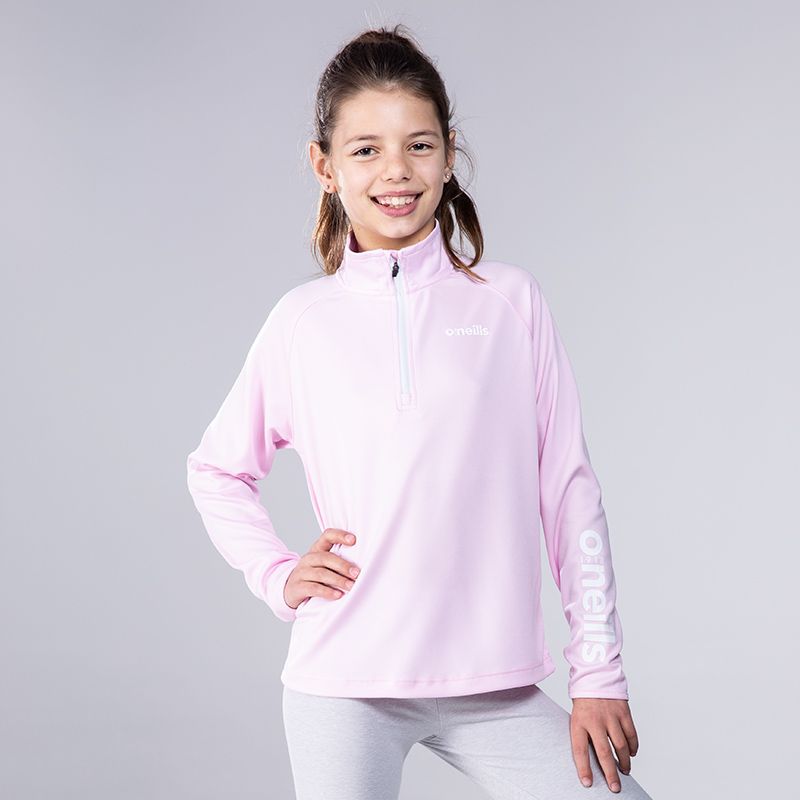 Pink kids’ half zip midlayer with multi-coloured O’Neills branding on the left arm by O'Neills.