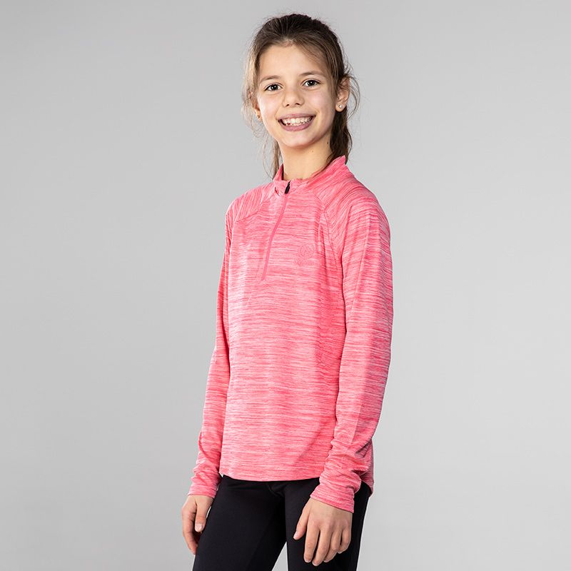 Pink girls half zip midlayer top with shaped waist and reflective logo by O’Neills.