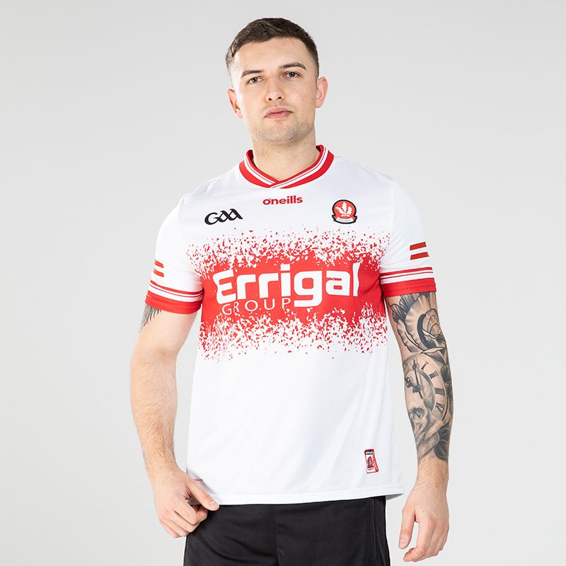 White Derry GAA 2 Stripe Alternative Jersey 2024 with Errigal Group sponsor logo on the chest by O’Neills.